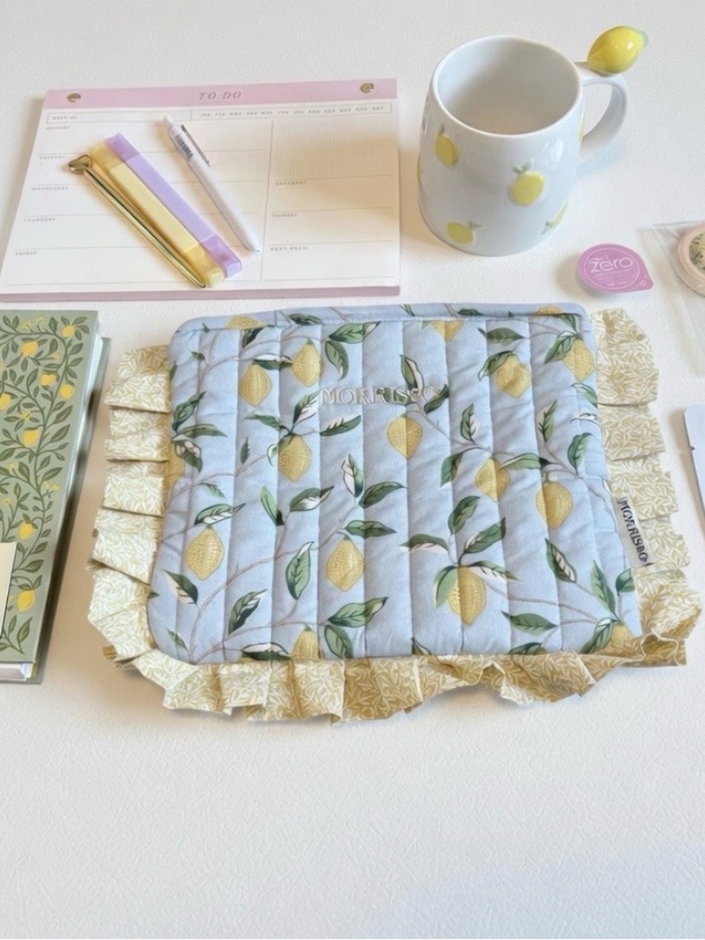 Lemon Print journal and Quilted Pouch in Light Blue Self care box